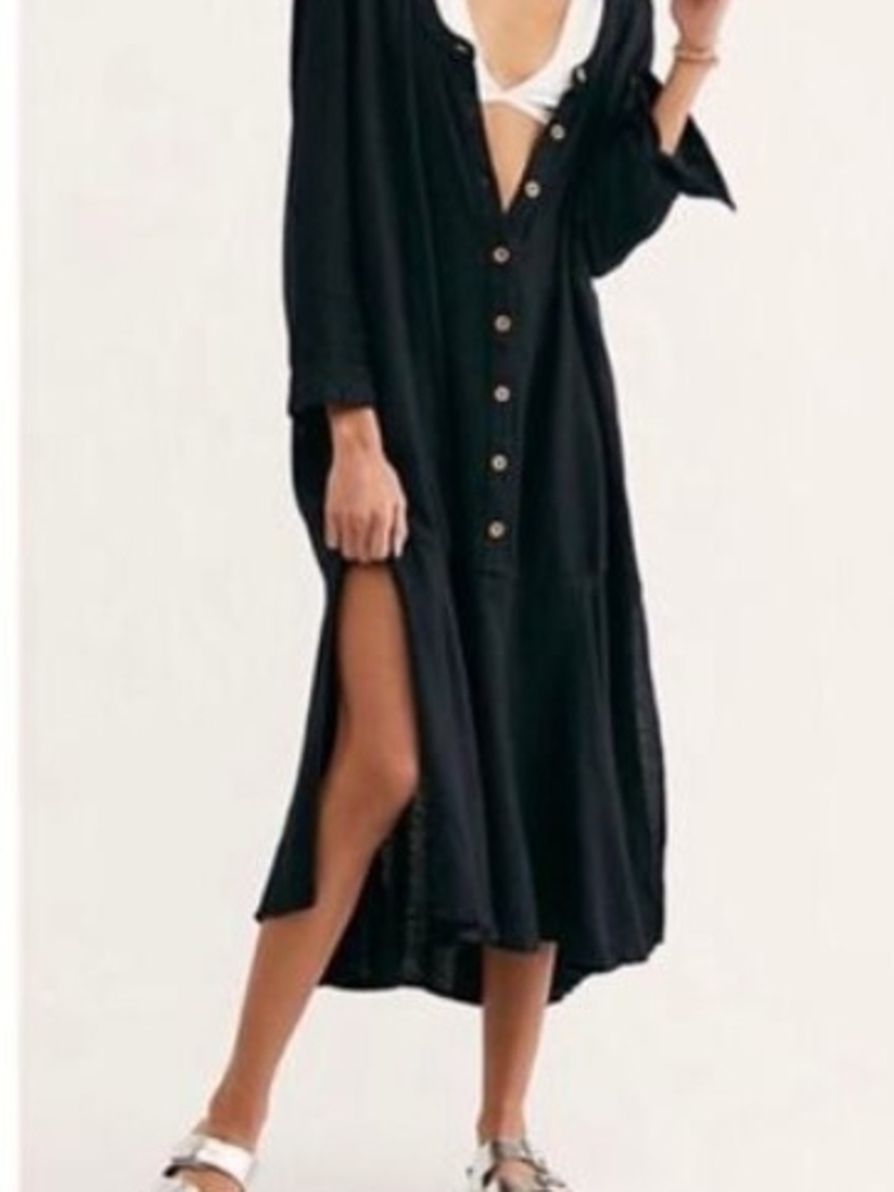 Free People Mathilda Black Button Front Cover Up Dress Whimsygoth Witchy Large